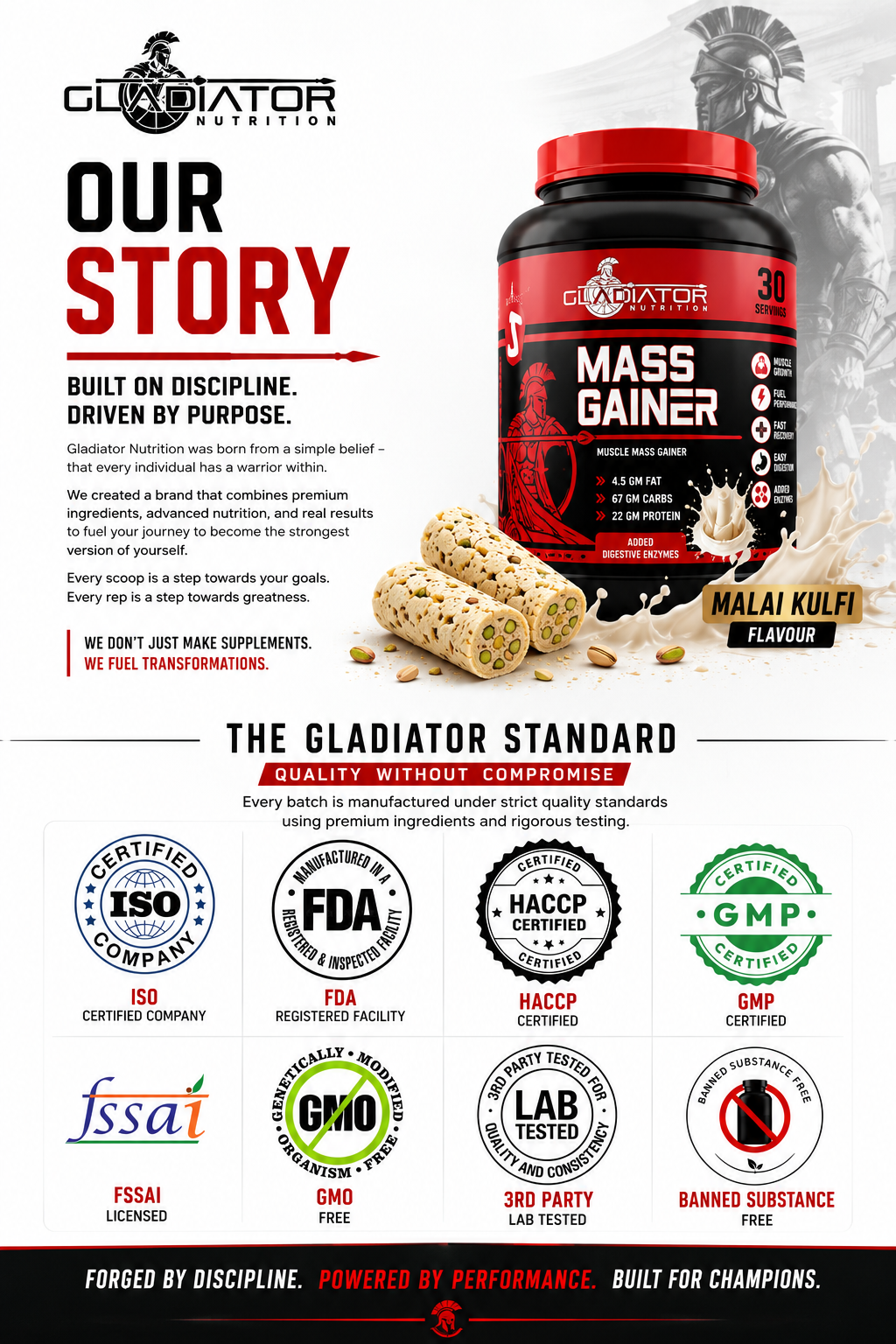 Gladiator Nutrition Mass Gainer | 22g Protein | 67g Carbs | 4.5g Fat | Weight & Muscle Gain | Malai Kulfi
