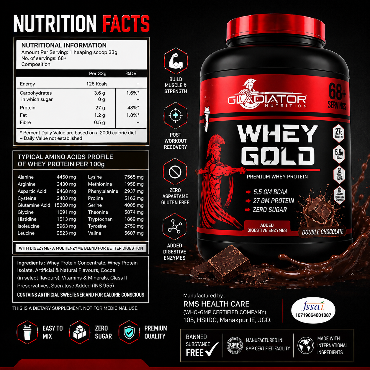 Gladiator Nutrition Whey Gold Protein 2kg | 27g Protein | Double Chocolate