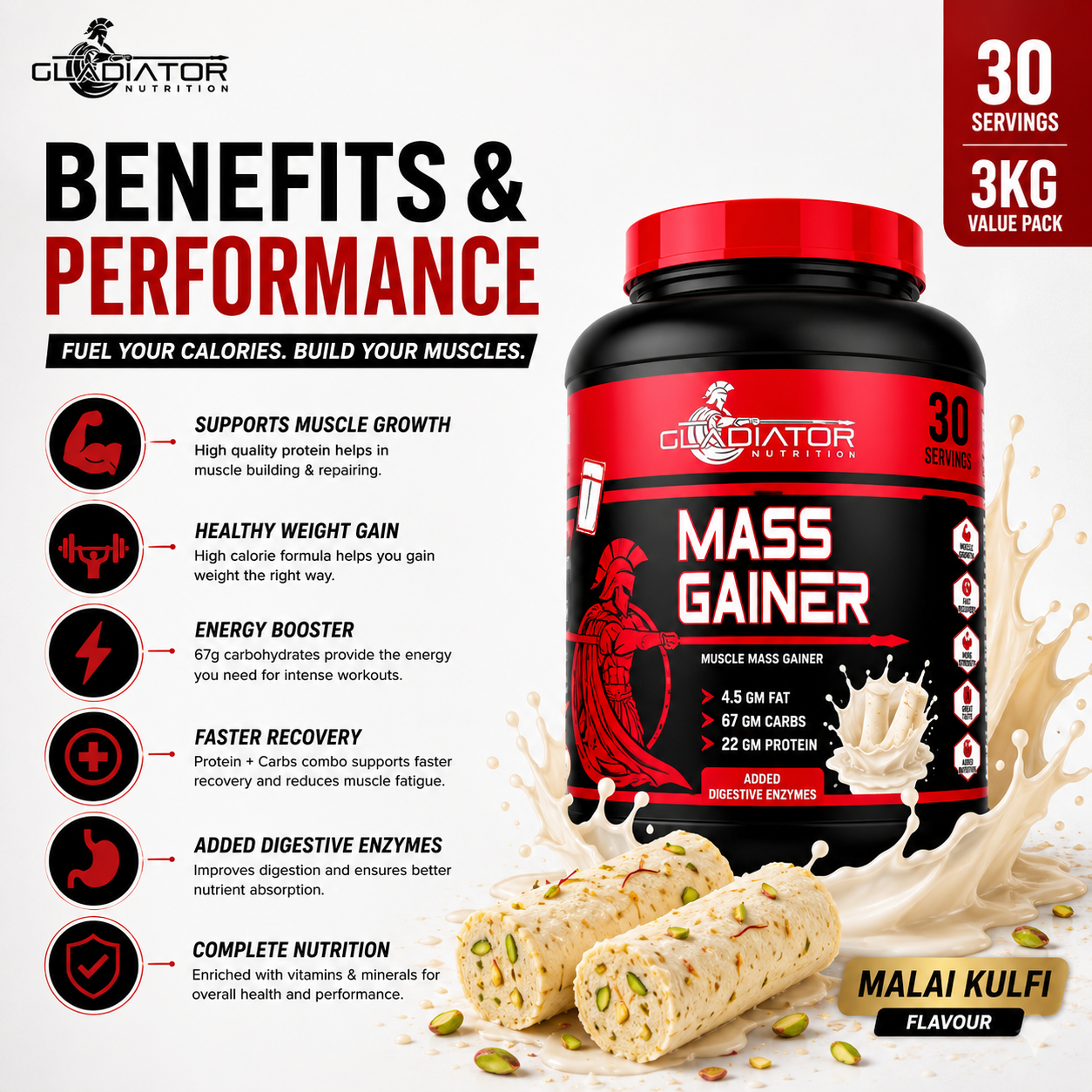 Gladiator Nutrition Mass Gainer | 22g Protein | 67g Carbs | 4.5g Fat | Weight & Muscle Gain | Malai Kulfi