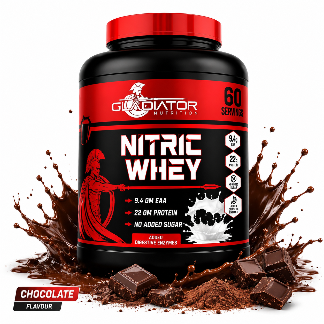 Gladiator Nutrition Nitric Whey Protein | 1kg | 60 Servings | Chocolate Flavour