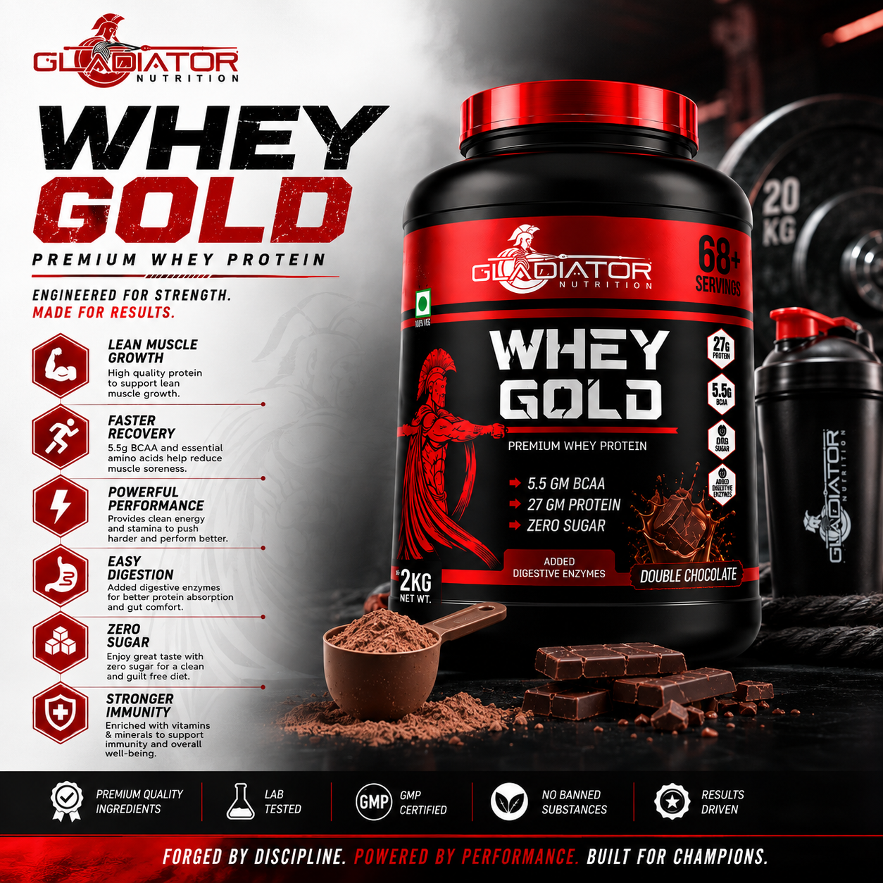 Gladiator Nutrition Whey Gold Protein 2kg | 27g Protein | Double Chocolate