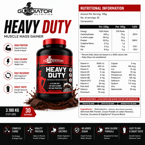 Gladiator Heavy Duty Mass Gainer 3.18kg | High Protein Muscle Gainer