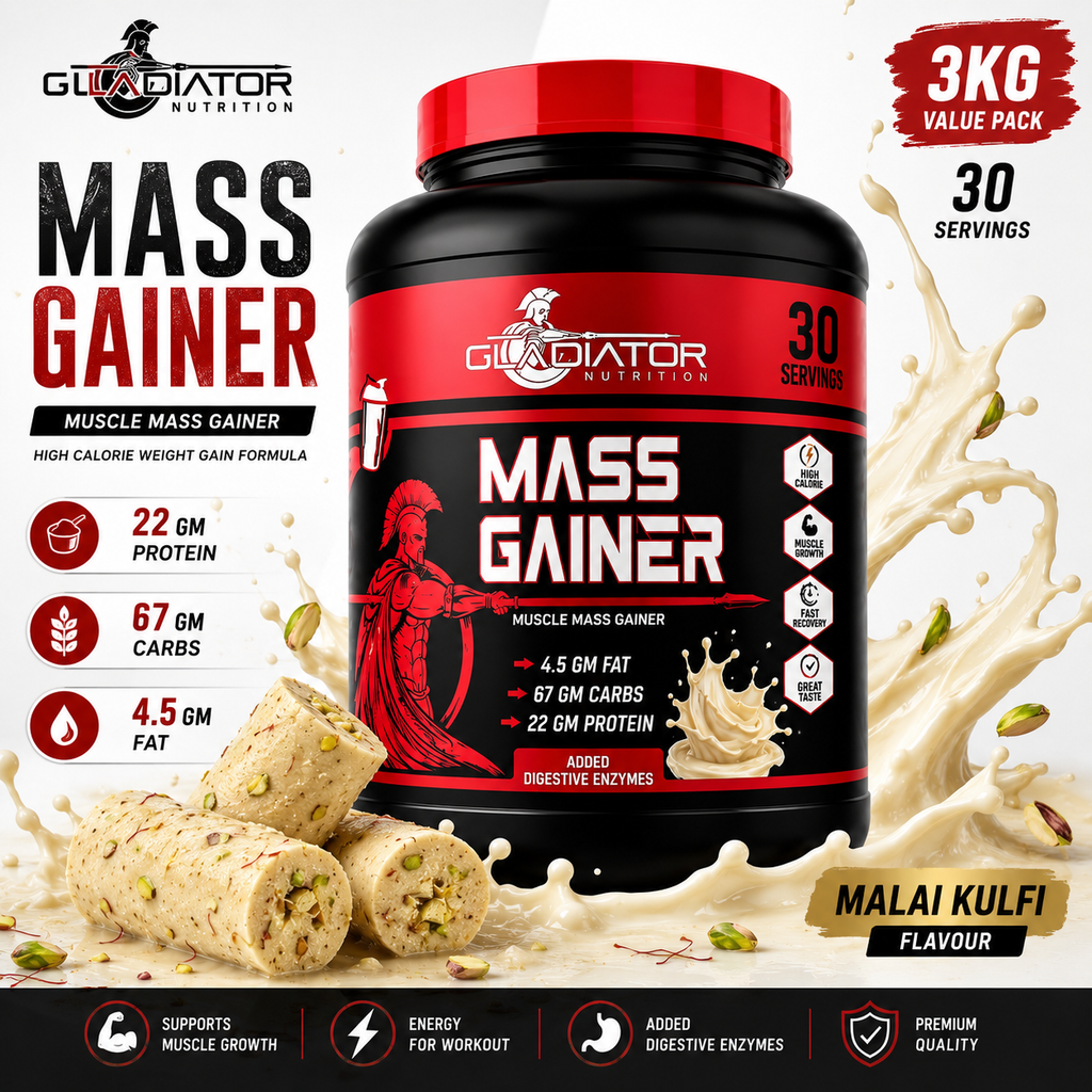 Gladiator Nutrition Mass Gainer | 22g Protein | 67g Carbs | 4.5g Fat | Weight & Muscle Gain | Malai Kulfi