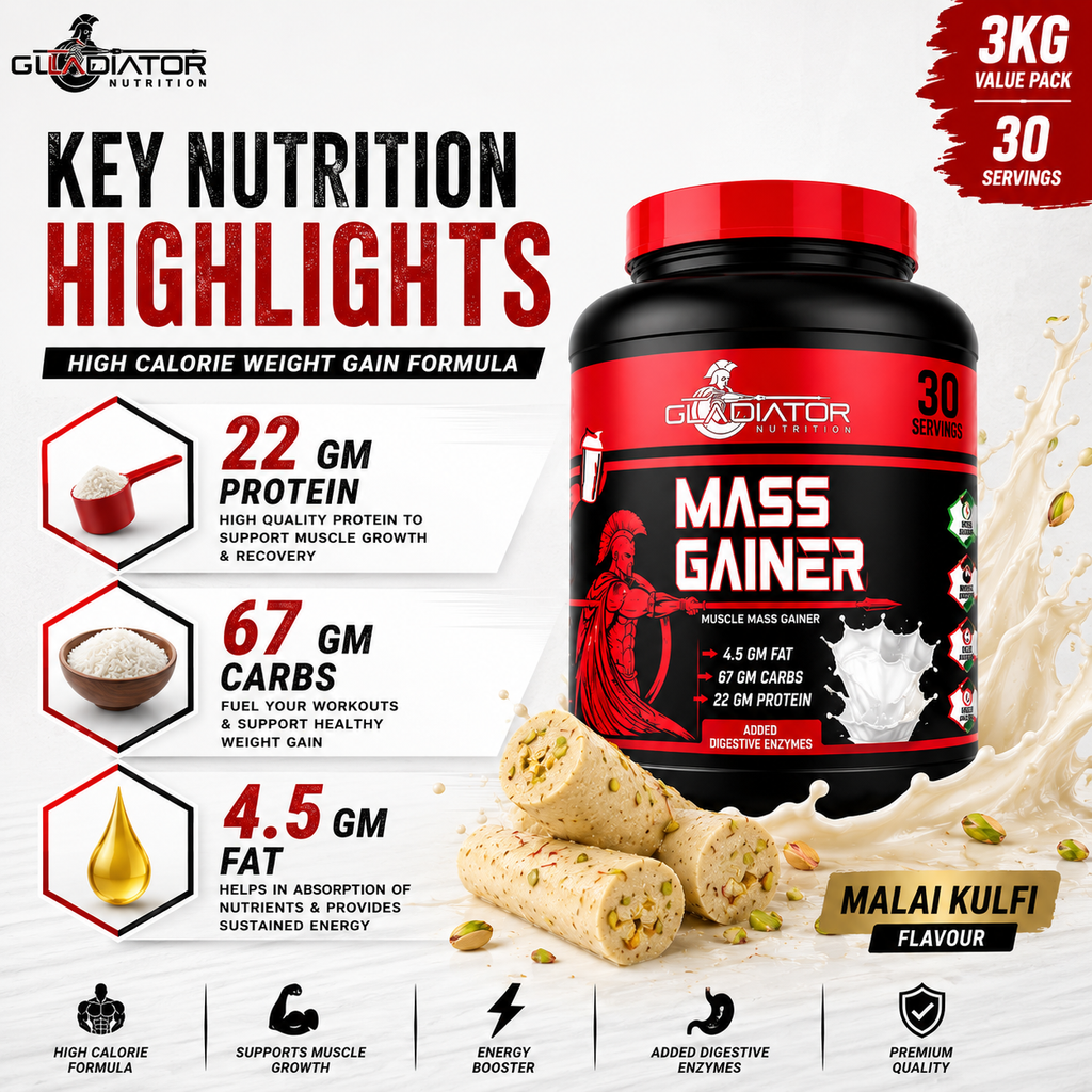 Gladiator Nutrition Mass Gainer | 22g Protein | 67g Carbs | 4.5g Fat | Weight & Muscle Gain | Malai Kulfi