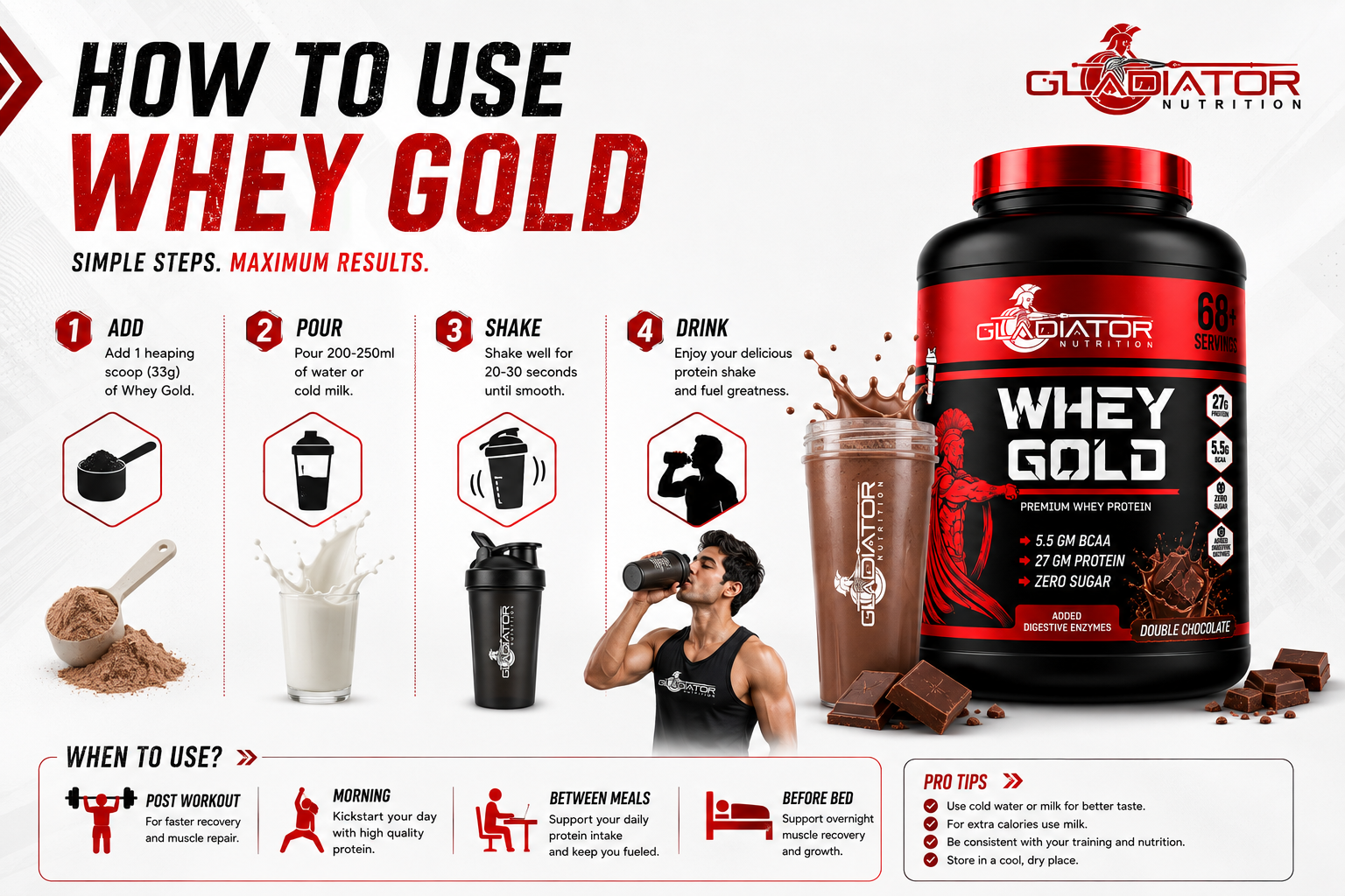 Gladiator Nutrition Whey Gold Protein 2kg | 27g Protein | Double Chocolate