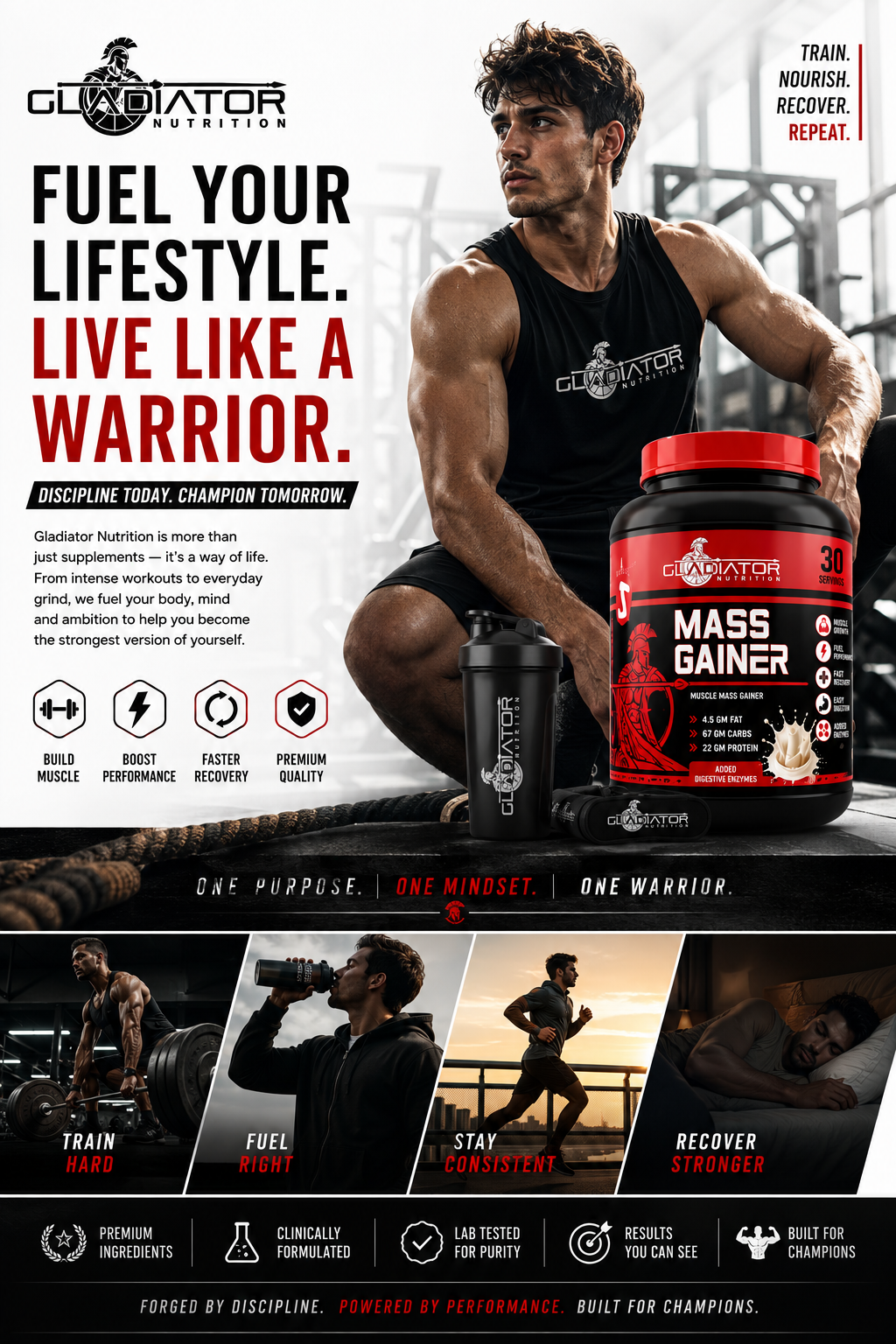 Gladiator Nutrition Mass Gainer | 22g Protein | 67g Carbs | 4.5g Fat | Weight & Muscle Gain | Malai Kulfi