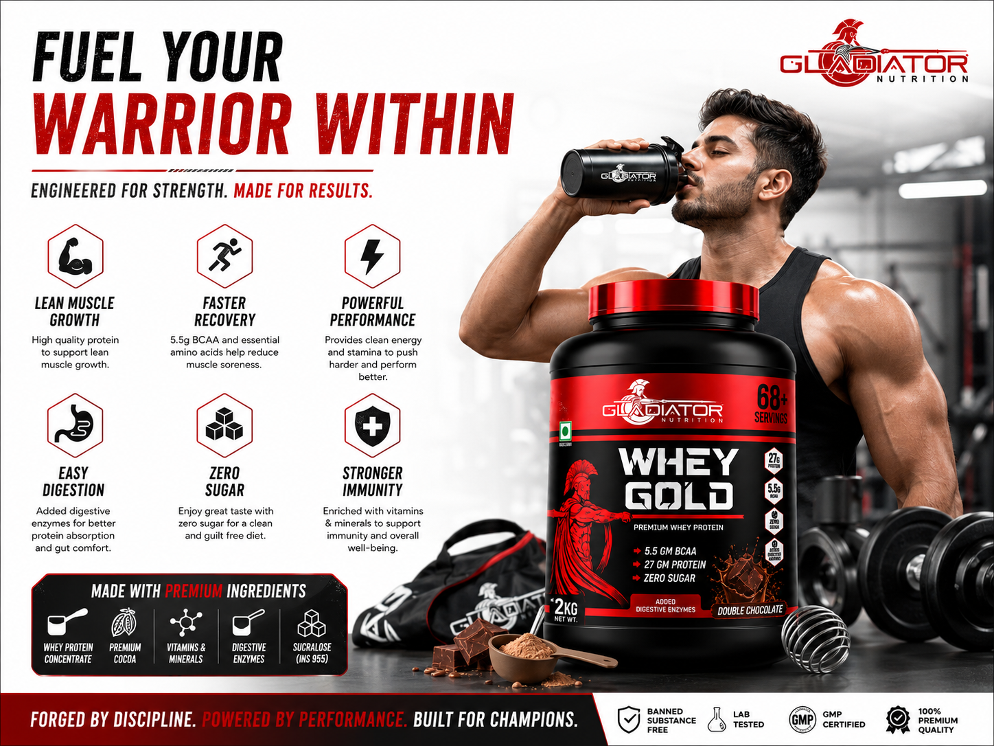 Gladiator Nutrition Whey Gold Protein 2kg | 27g Protein | Double Chocolate