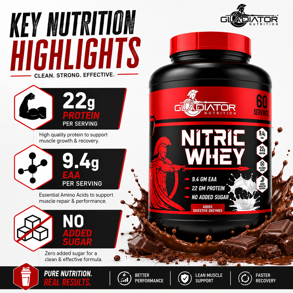Gladiator Nutrition Nitric Whey Protein | 1kg | 60 Servings | Chocolate Flavour